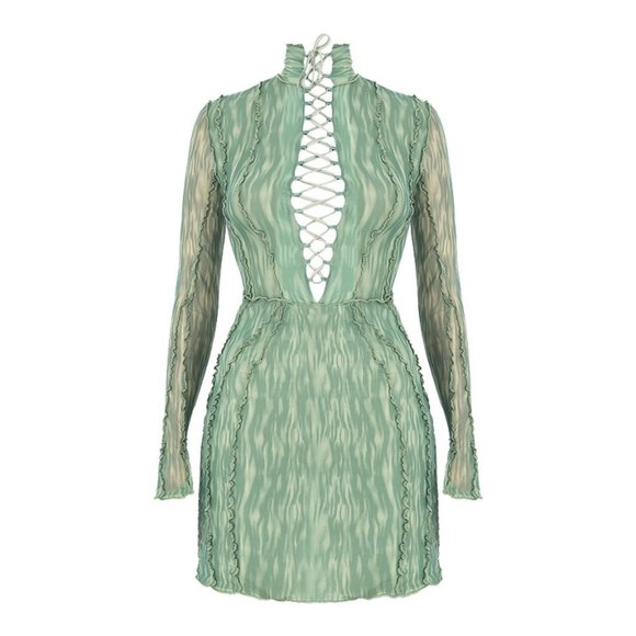 ๐HP๐ New House of CB Dylan Ivy Sexy Mesh Lace Up Long Sleeve Mini Dress Large - Picture 5 of 15